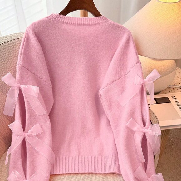 Pink Elegant Women's French Romantic Knit Pullover Sweater - Picture 6 of 6